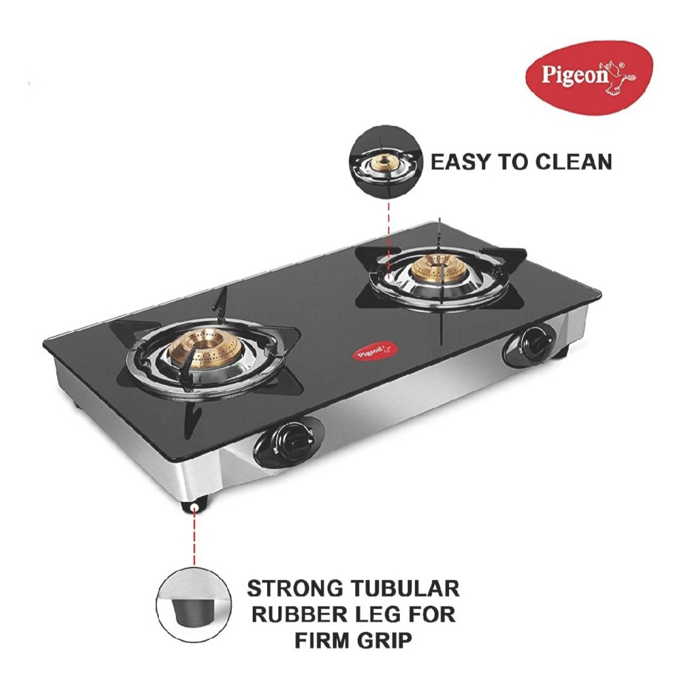 Buy Pigeon Ayush Toughened Glass Top 2 Burner Manual Gas Stove (Unique Pan Support, Black